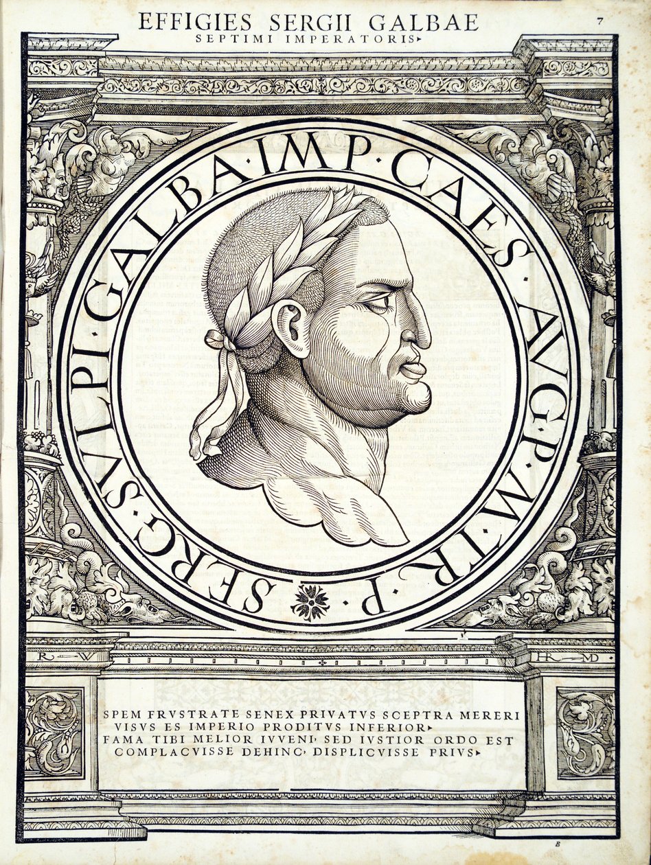 Galba, illustration from Imperatorum romanorum omnium orientalium et occidentalium verissimae imagines ex antiquis numismatis by Hans Rudolf Manuel Deutsch