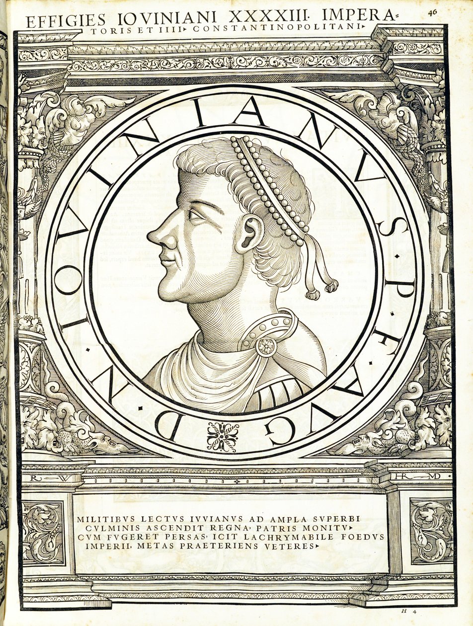 Iouinianus, illustration from Imperatorum Romanorum Omnium Orientalium et Occidentalium Verissimae Imagines ex Antiquis Numismatis by Hans Rudolf Manuel Deutsch