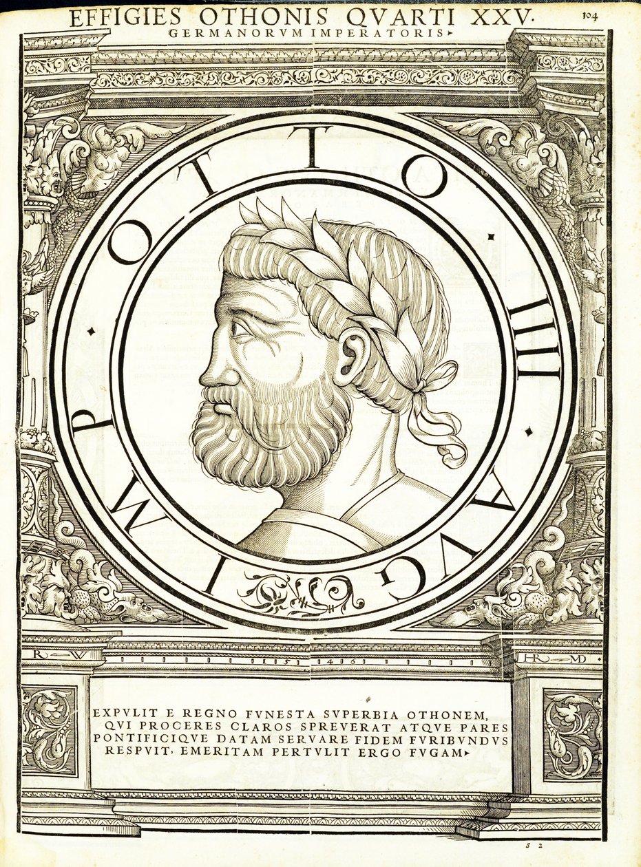 Otho IIII, illustration from Imperatorum Romanorum Omnium Orientalium et Occidentalium Verissimae Imagines ex Antiquis Numismatis by Hans Rudolf Manuel Deutsch