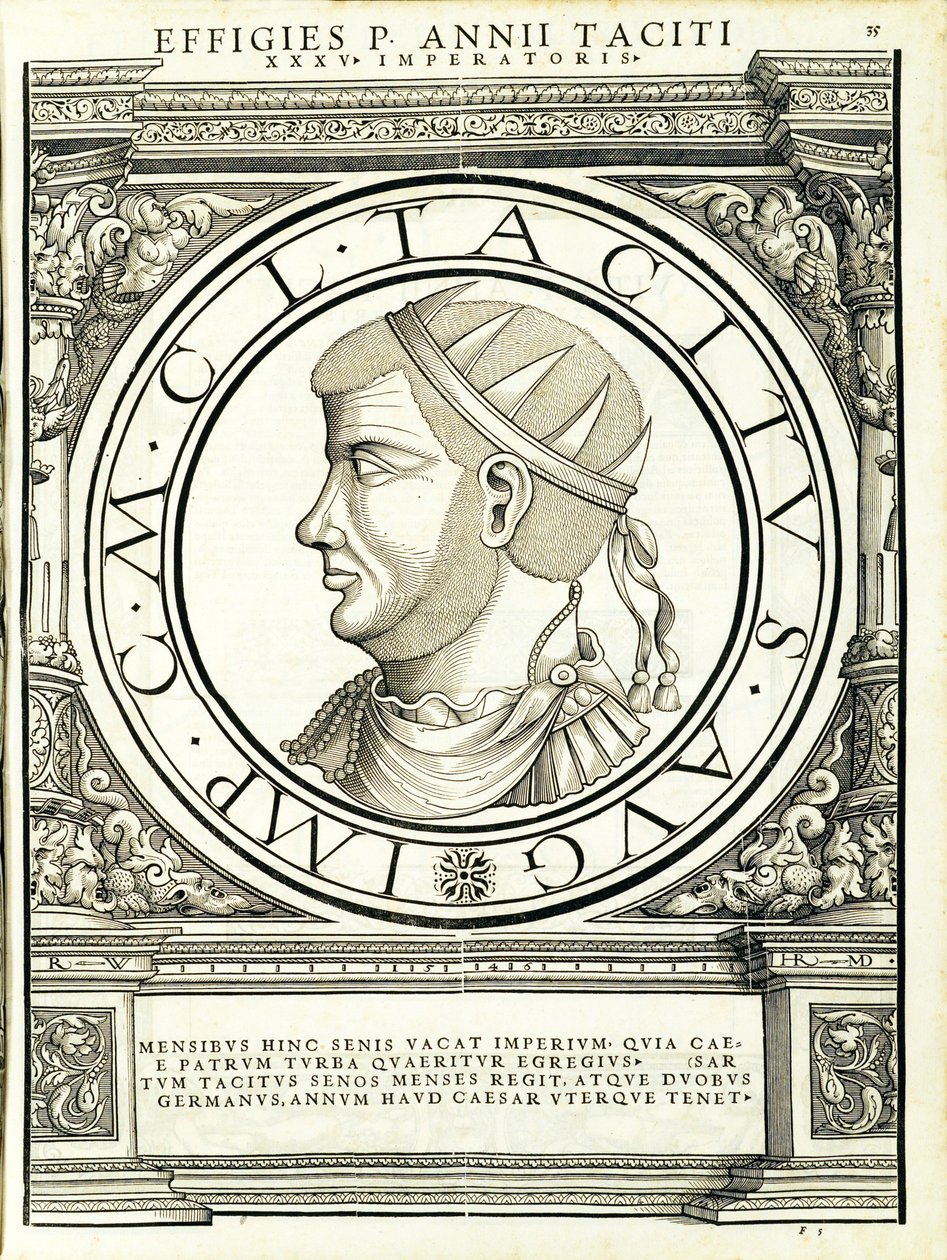 Tacitus, illustration from Imperatorum Romanorum Omnium Orientalium et Occidentalium Verissimae Imagines ex Antiquis Numismatis by Hans Rudolf Manuel Deutsch