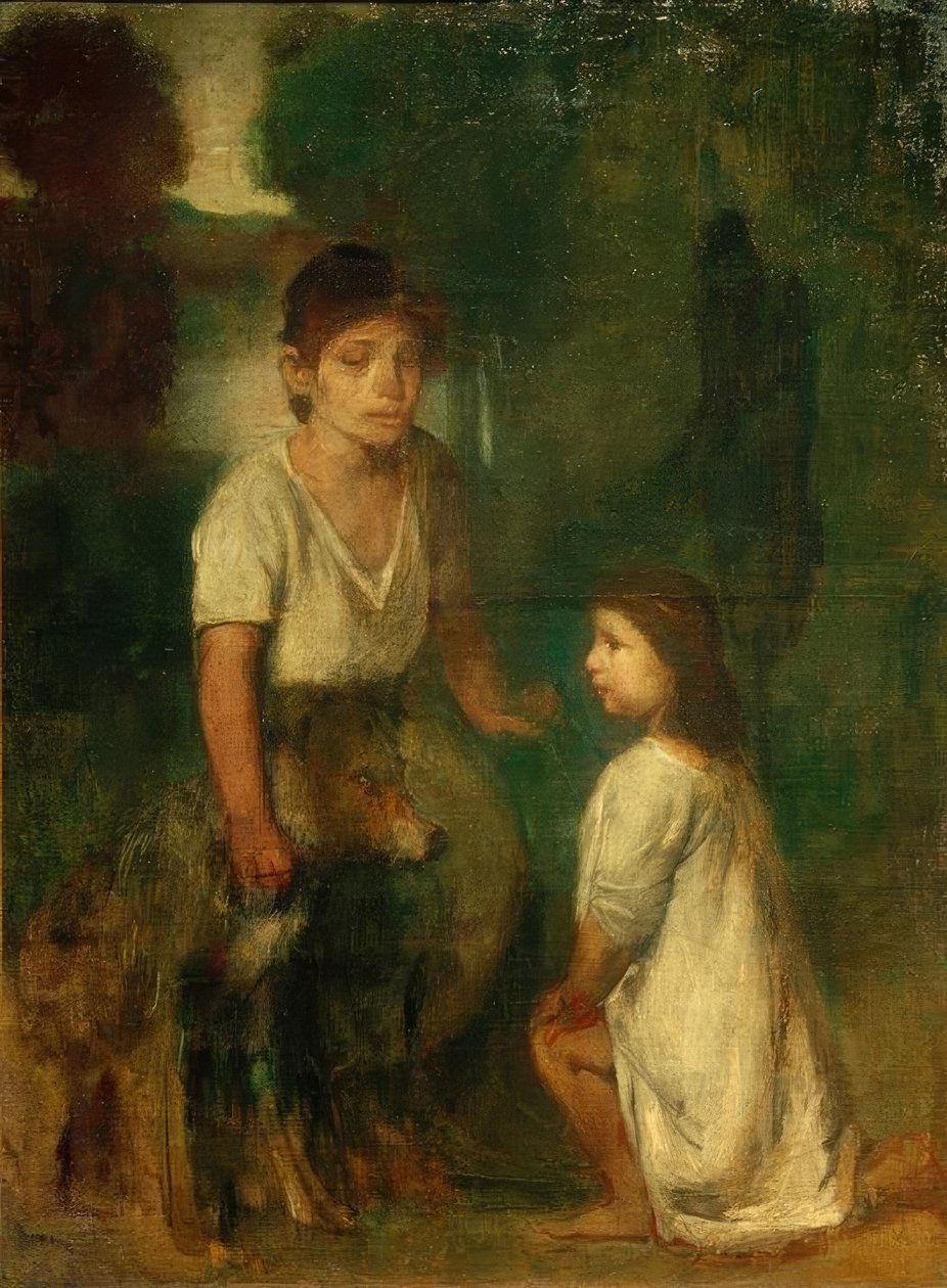 Two Children with Dog by Hans von Marées