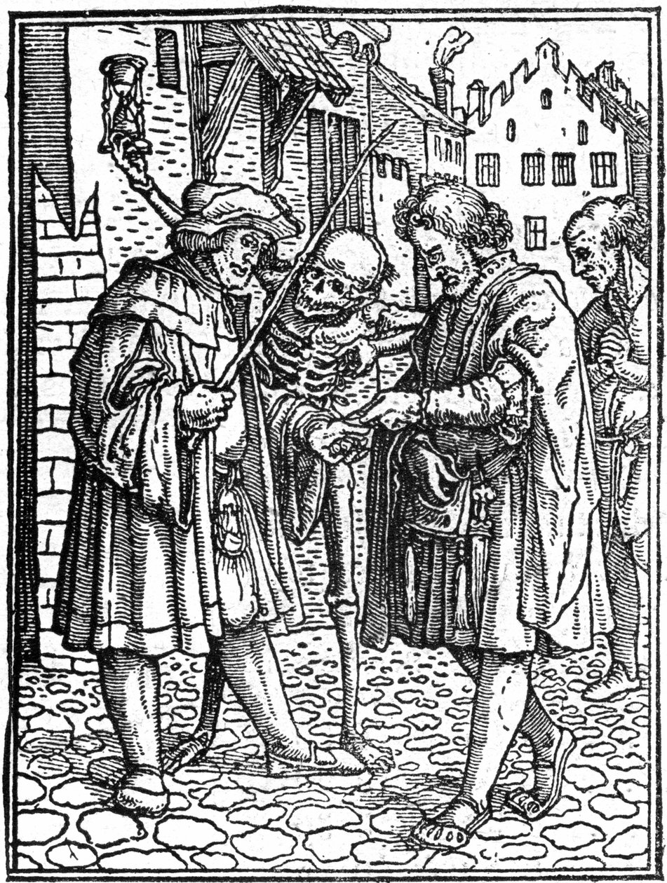 The mock death of Hans Holbein the Younger (1497-1543): the lawyer (engraving) by Hans (after) Holbein the Younger