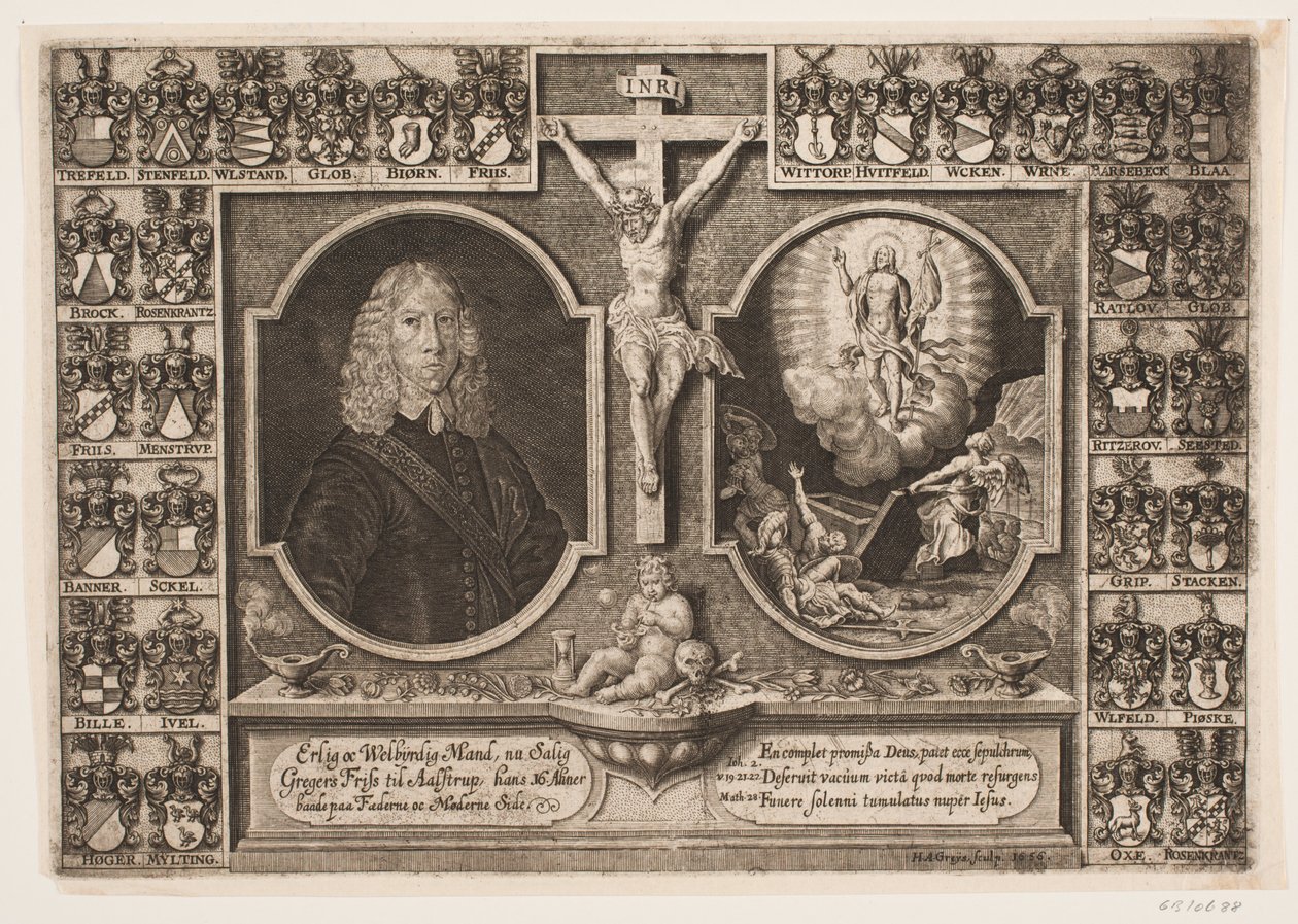 Gregers Friis at Ålstrup with Christ on the Cross and the Resurrection of Christ, Surrounded by Ancestral Shields by Hans Andreas Greys