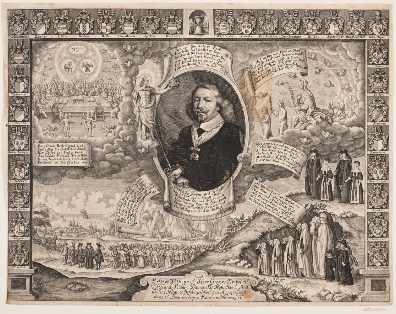 Gregers Krabbe of Torstedlund Surrounded by Allegorical Representations and Ancestral Shields by Hans Andreas Greys