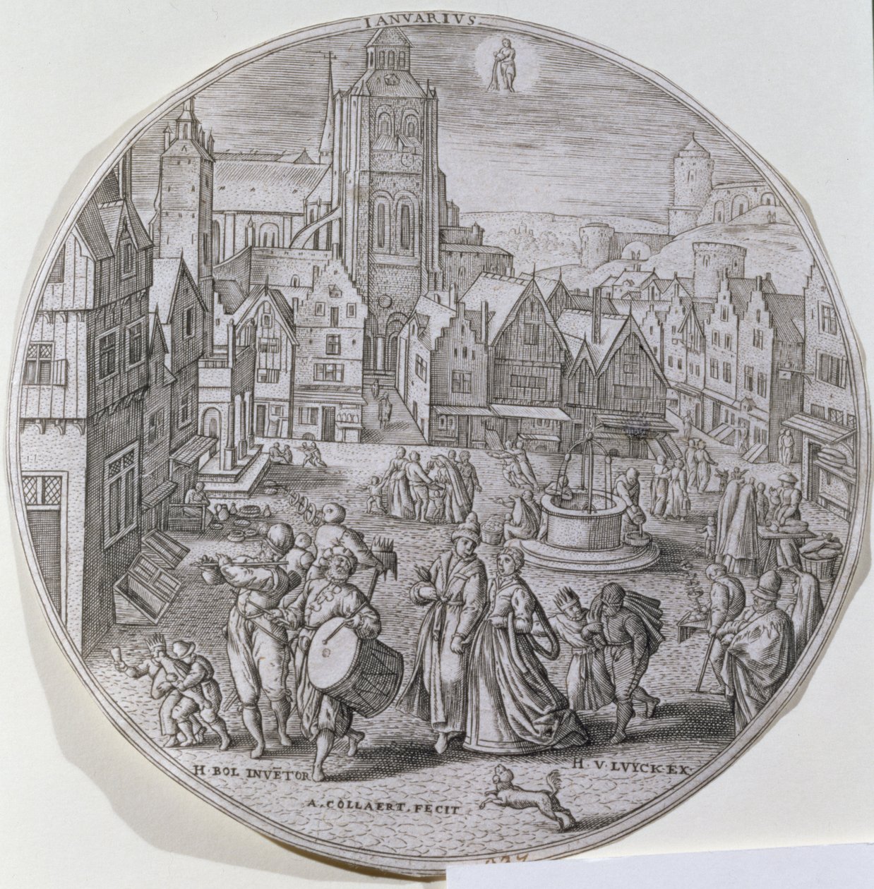 January, showing burghers celebrating Twelfth Night in the market square of Bergen, from a set of twelve 