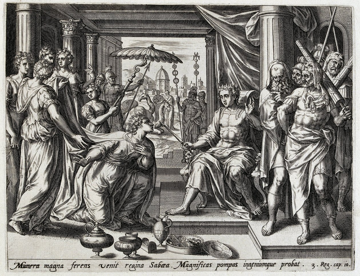 Solomon Receives the Queen of Sheba by Hans Collaert (I) (attributed to)