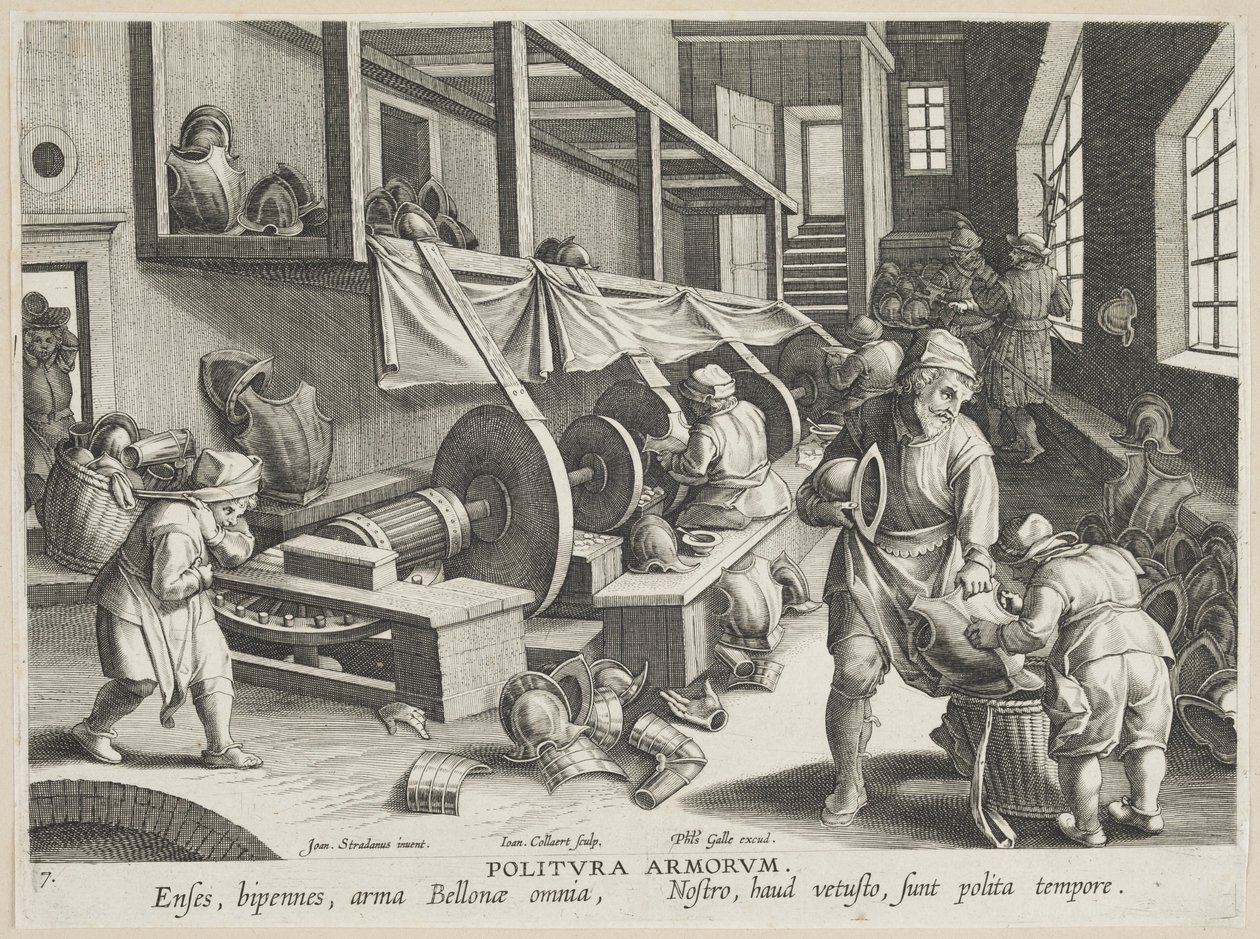 Polishing Arms, plate 17 from the series Nova Reperta (Modern Discoveries) c.1588 (engraving on laid paper) by Hans Collaert