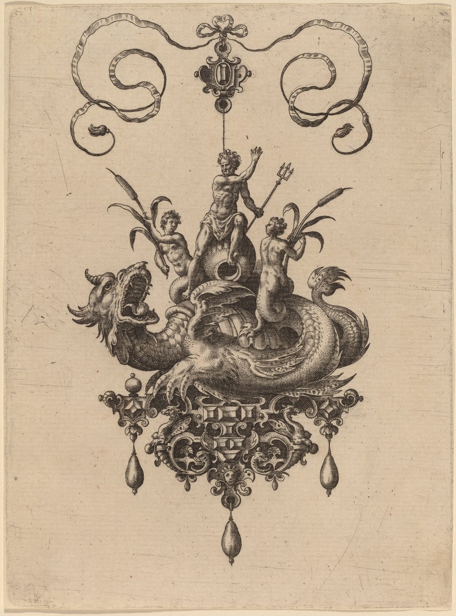 Design for a Pendant with a Sea-Monster Carrying Neptune Flanked by Two Nereids by Hans Collaert the Elder