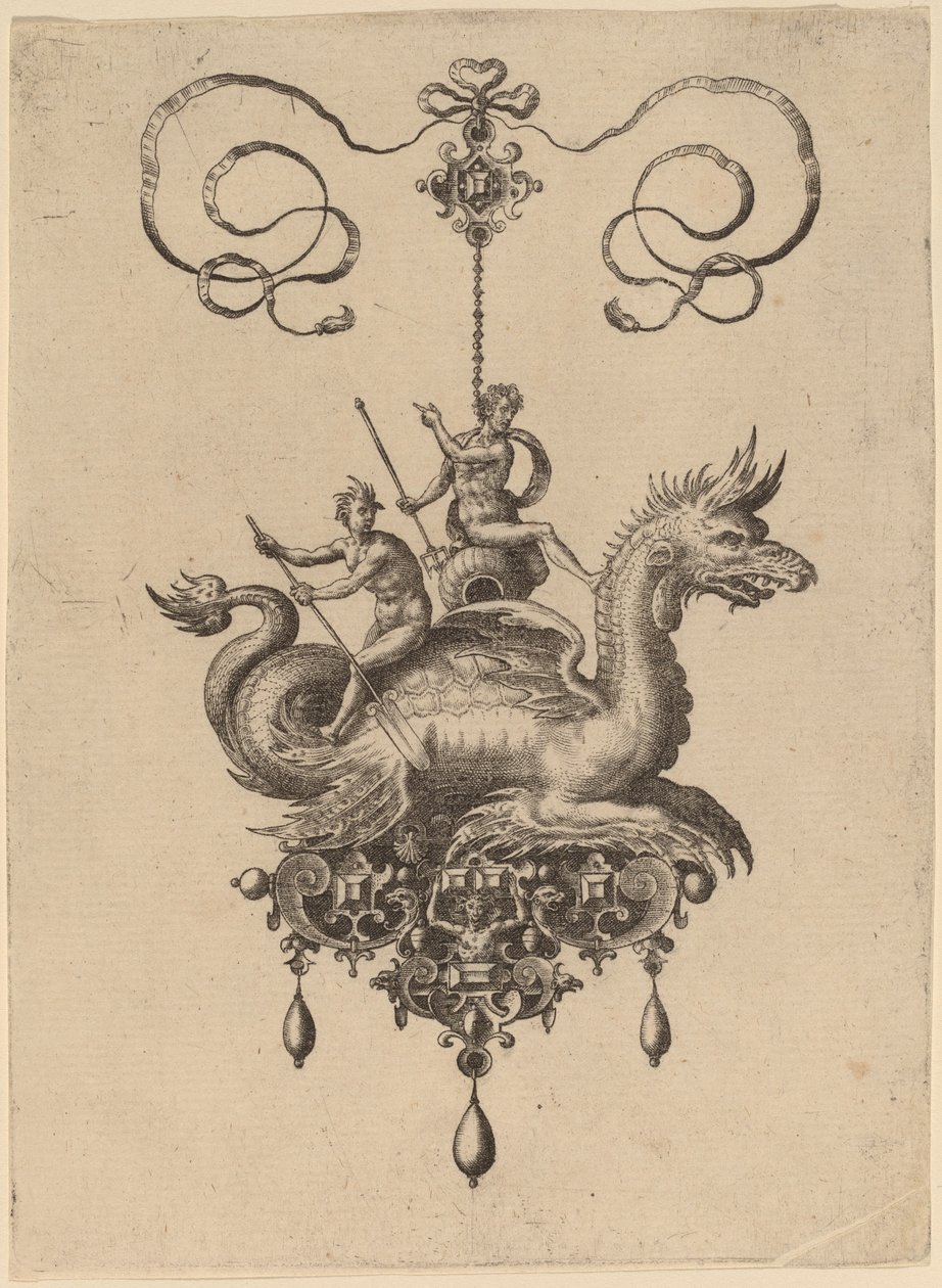 Design for a Pendant with a Sea-Monster Carrying Neptune on an Urn Flanked by a River-God with an Oar by Hans Collaert the Elder