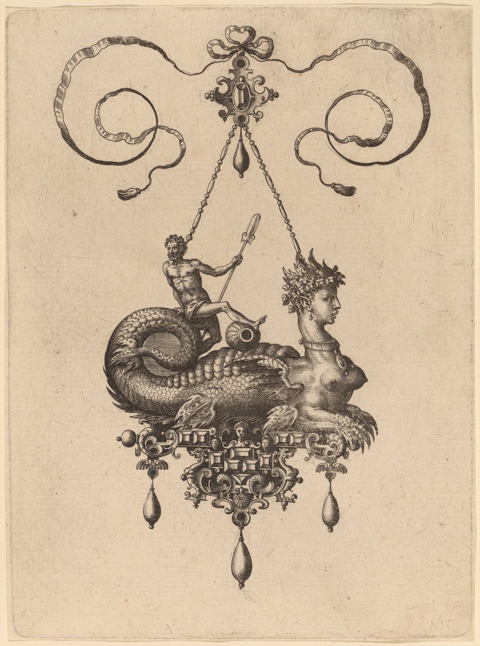 Design for a Pendant with a Sphinx with the Body of a Fish Carrying a Man with an Oar by Hans Collaert the Elder