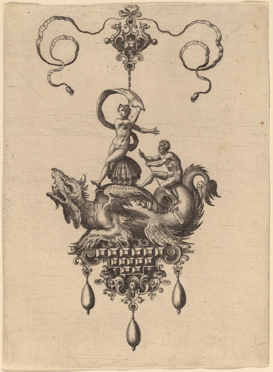 Design for a Pendant with a Winged Sea-Monster Carrying Venus Anadyomene on a Shell and a Man with an Oar by Hans Collaert the Elder