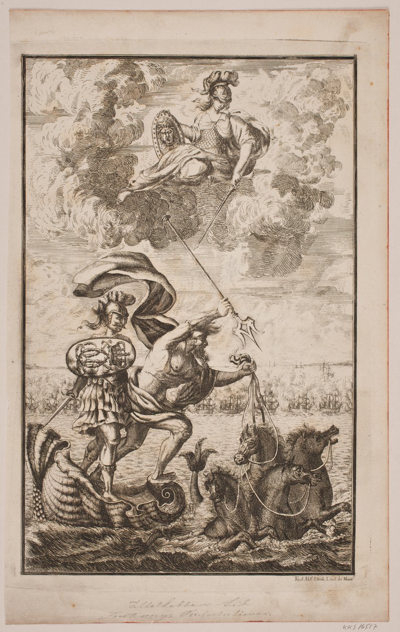 Neptune Traveling Over the Sea. Title Page to Fontenay, "Sea Evolution"; Copenhagen 1743 by Hans Henrich Christian Ulrich
