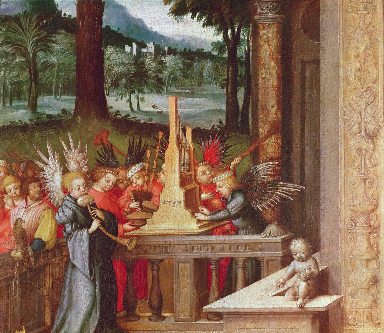 Virgin, Child and Saints (detail of angels playing the organ) by Hans Holbein the Elder