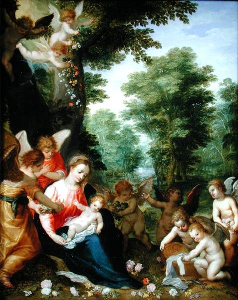 Madonna and Child with Angels in a Landscape by Hans I or Johann Rottenhammer