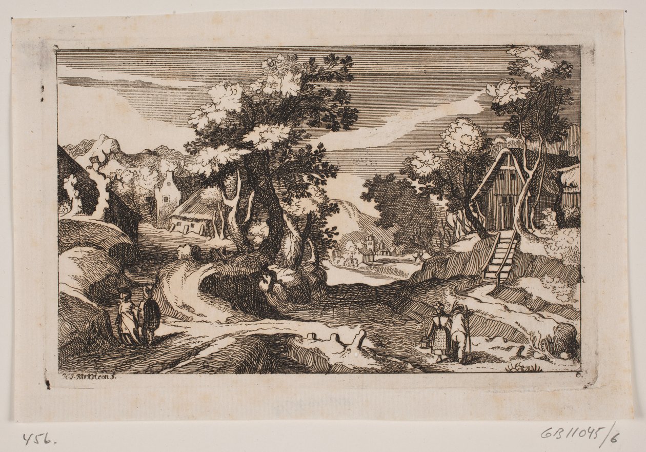 Hilly Landscape with Farmhouses. In the Foreground a Milkmaid and a Farmer with a Pitchfork by Hans Jørgen Kirksteen