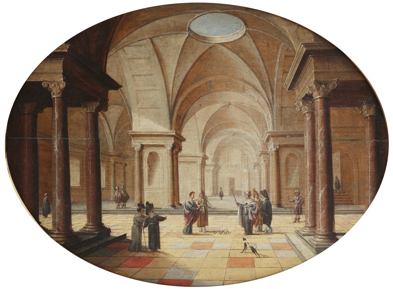 A classical palace interior with Moses transforming Pharaoh