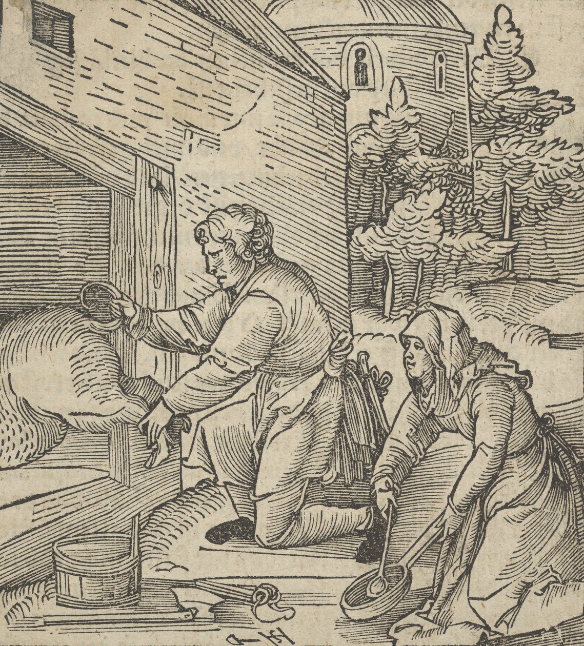 A Farmer Slaughtering a Hog, from Hymmelwagen auff dem, wer wol lebt by Hans Schäufelein the Elder