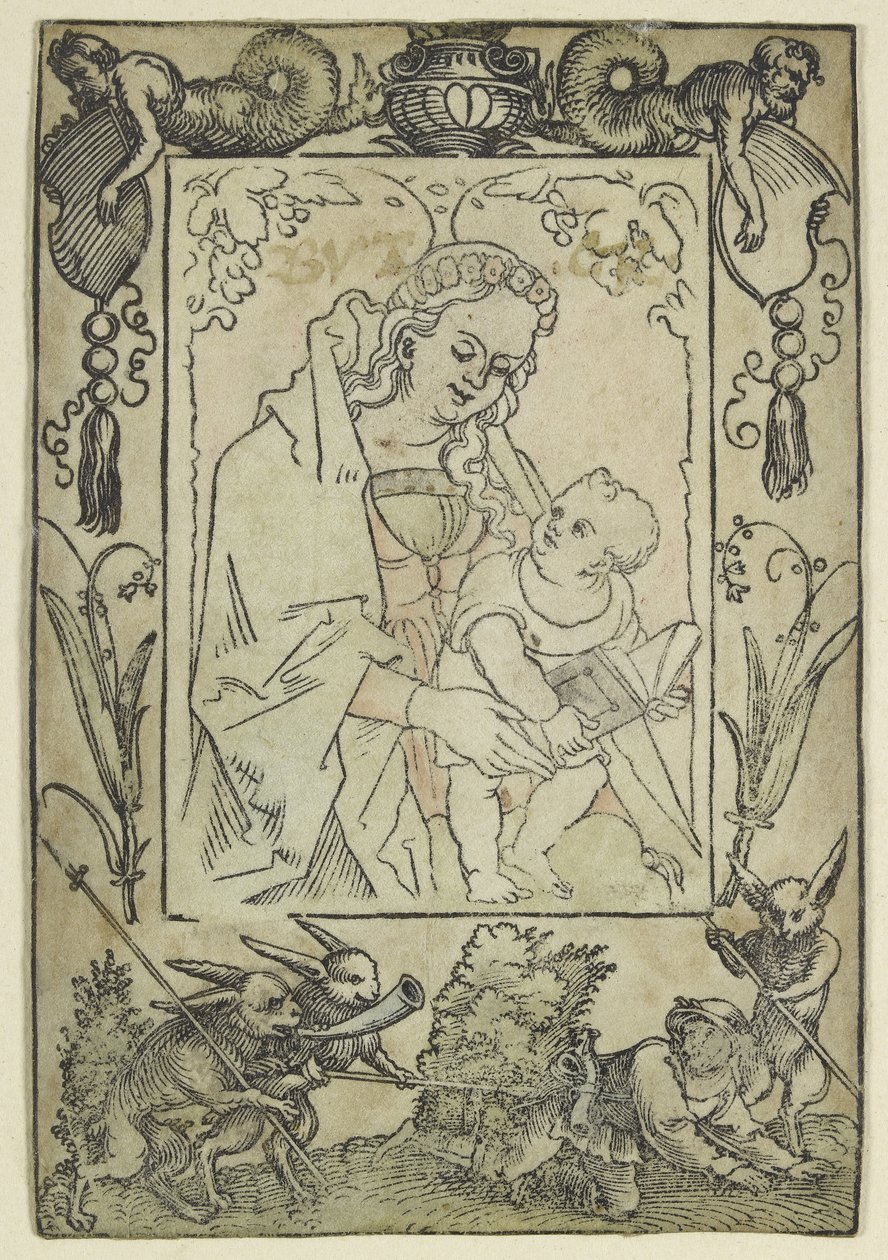The Virgin and Child surrounded by a Border with a Hunter and some Rabbits by Hans Sebald Beham