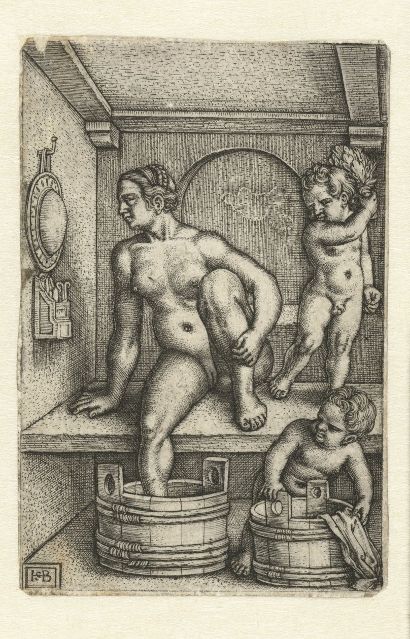 Woman with Two Children in Bathroom by Hans Sebald Beham