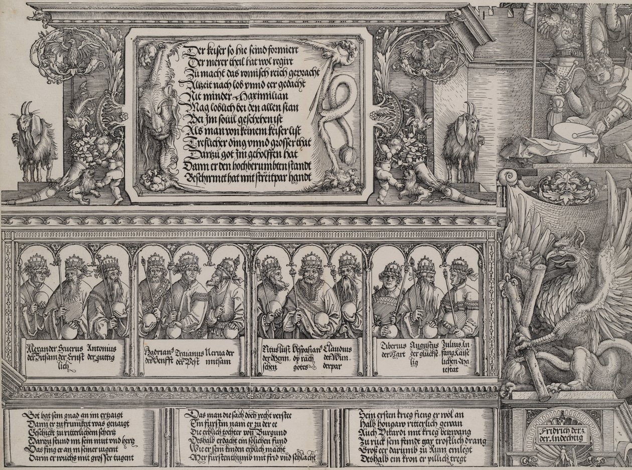 The Upper Section of the Left Portal, with the Inscription on a Lion Skin, a Frieze with B... by Hans Springinklee