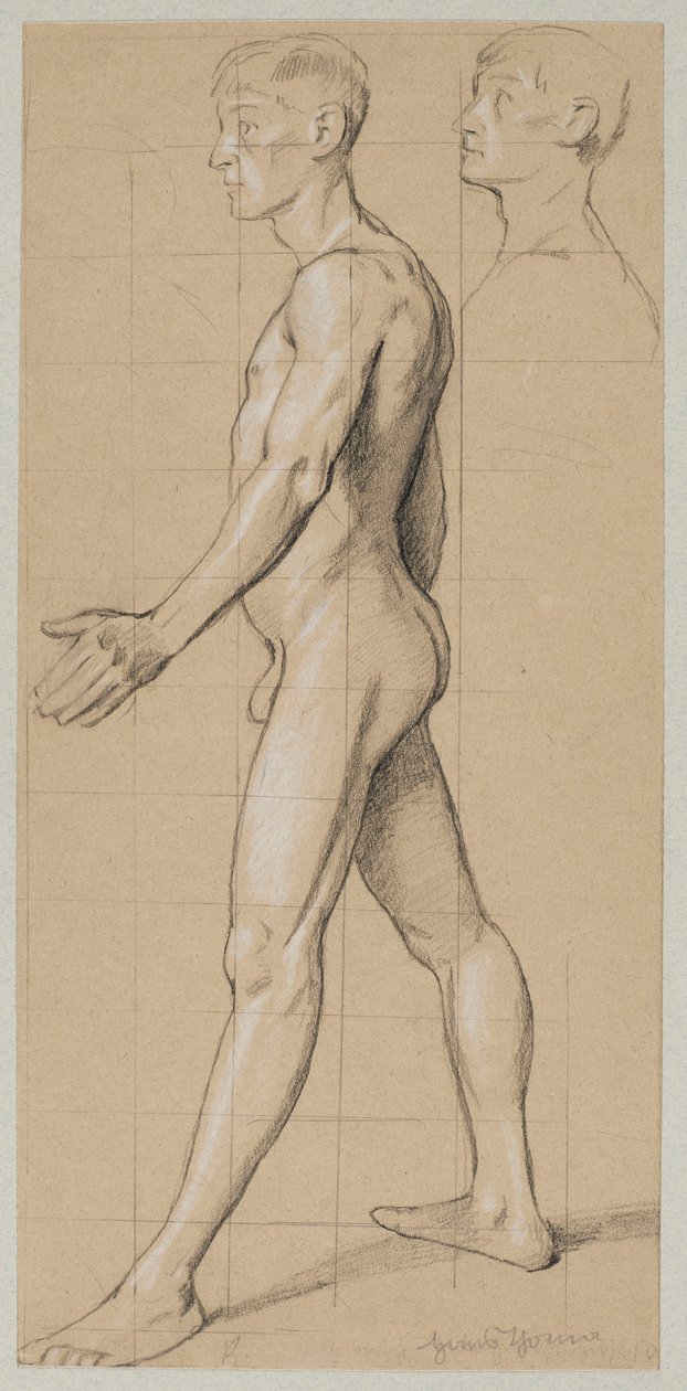 Nude of a Walking Man in Profile, with Repetition of His Head in the Upper Right Corner by Hans Thoma