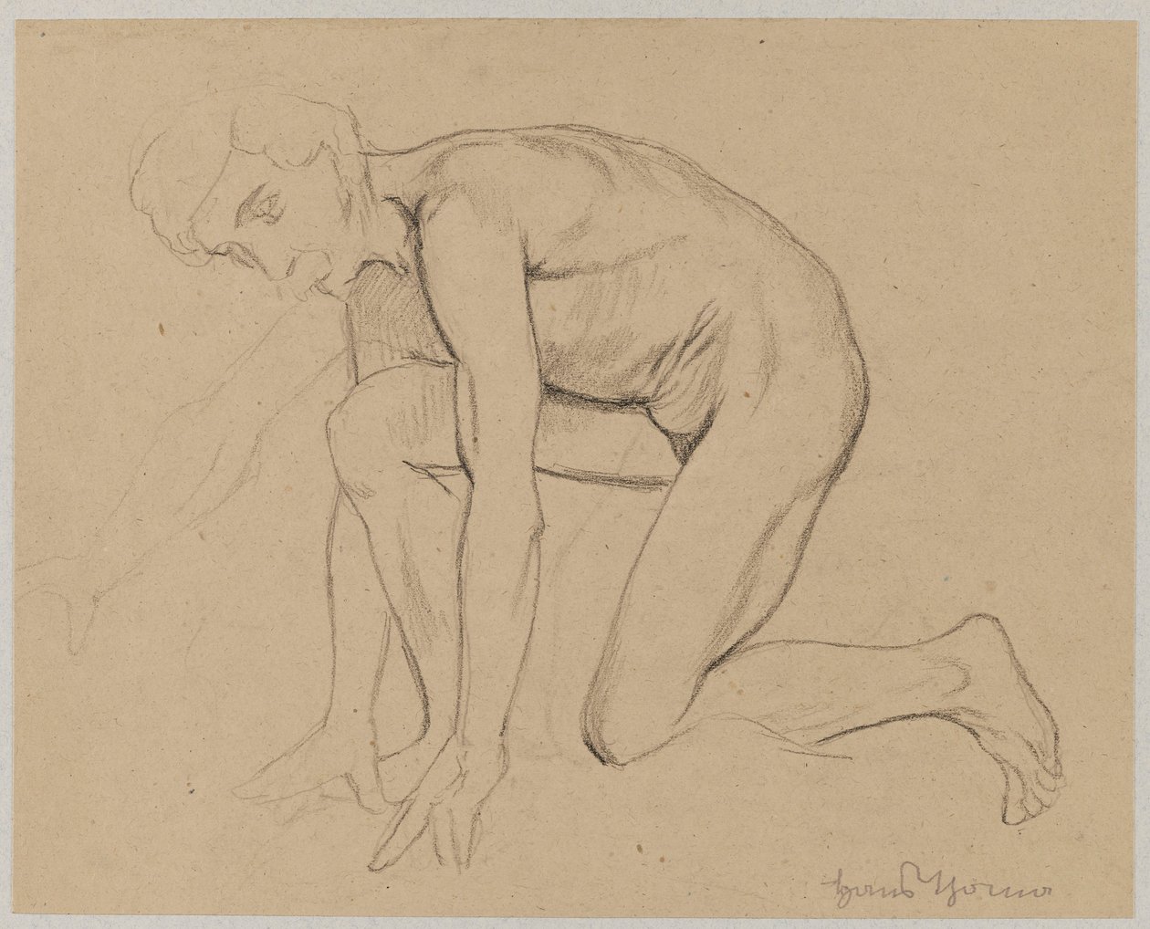 Nude Man with Mustache, Kneeling, Shown in Profile by Hans Thoma