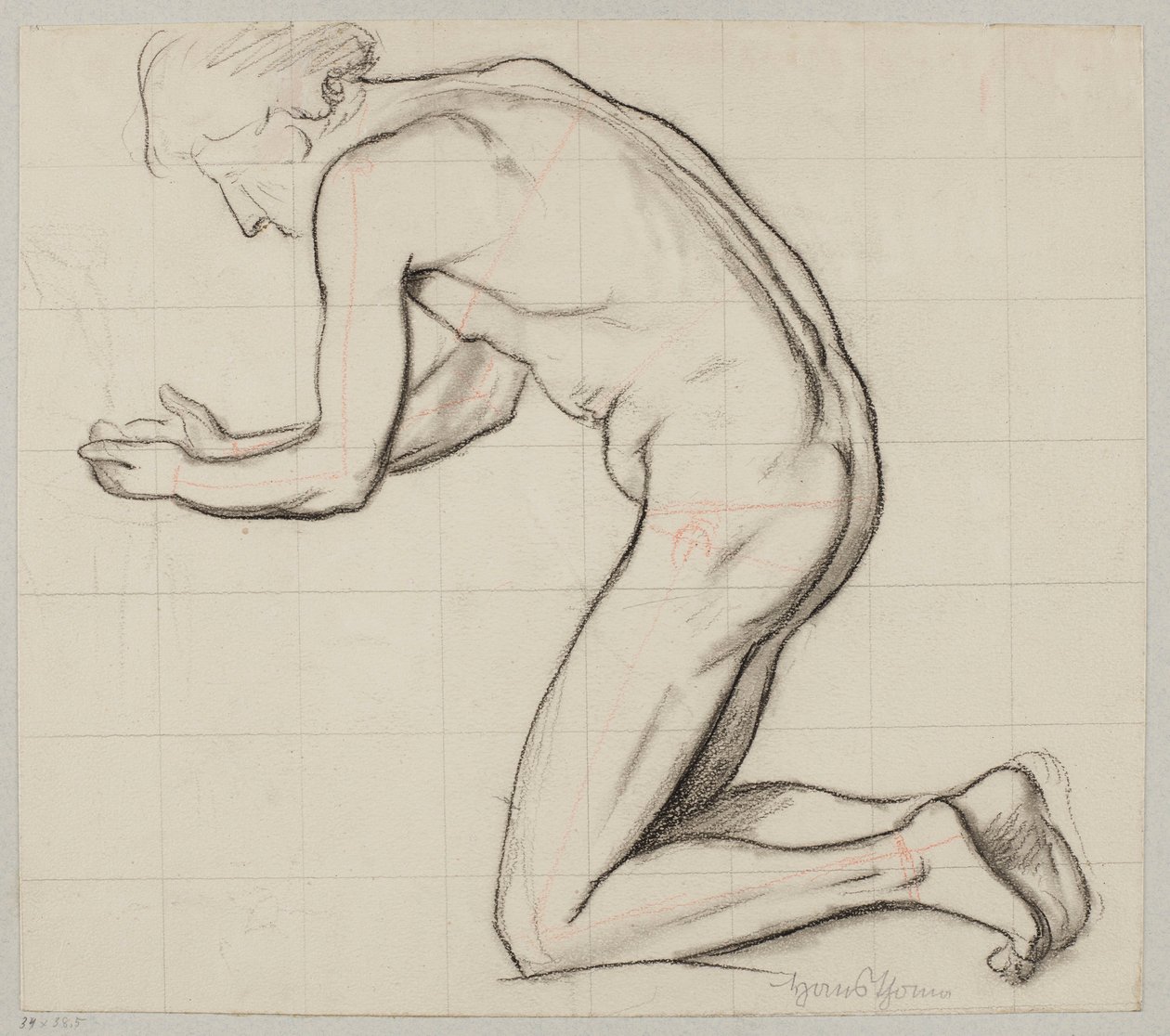 Naked Youth Kneeling by the Spring and Scooping Water with Hands by Hans Thoma