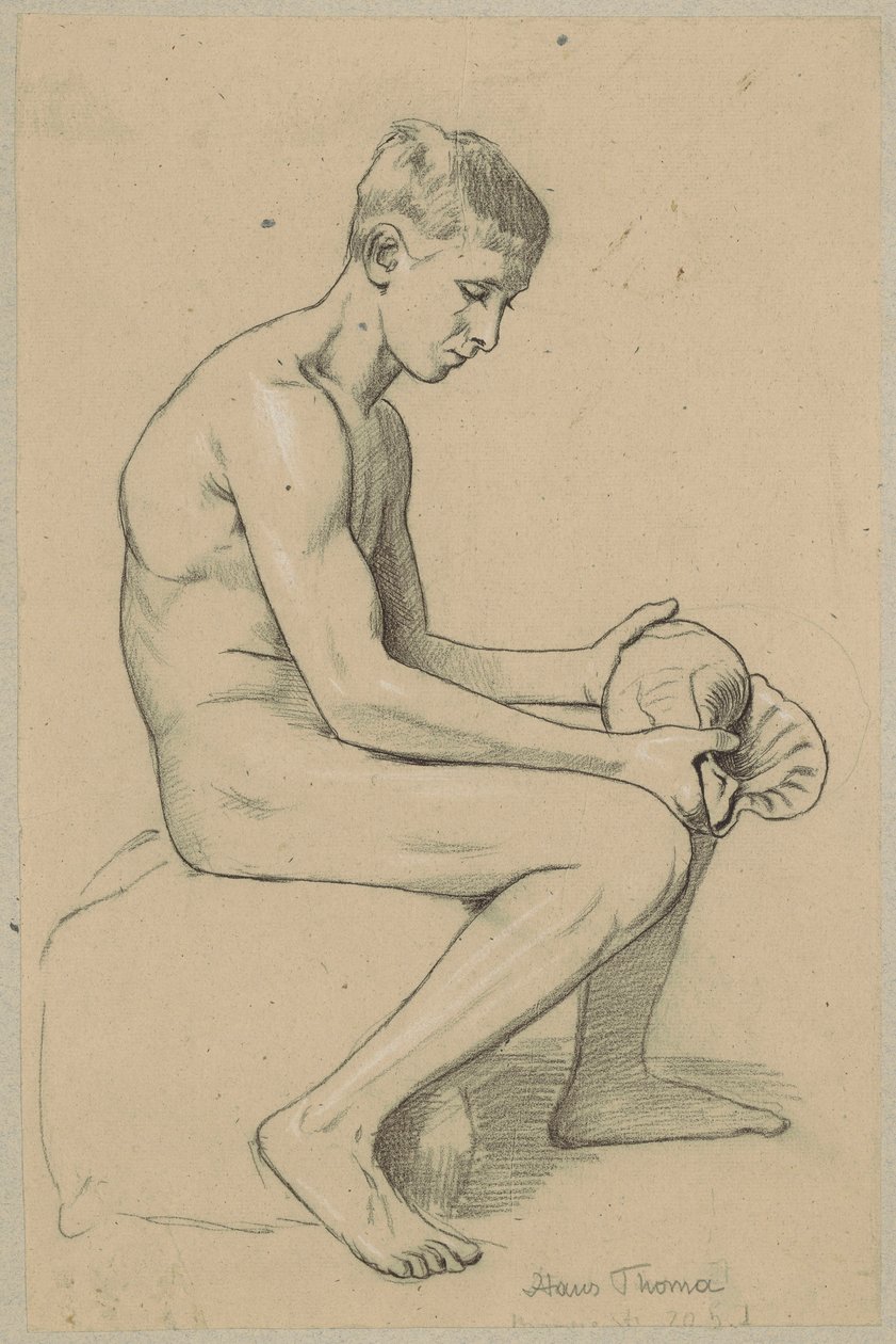 Naked Youth with Shell Sitting on a Stone by Hans Thoma