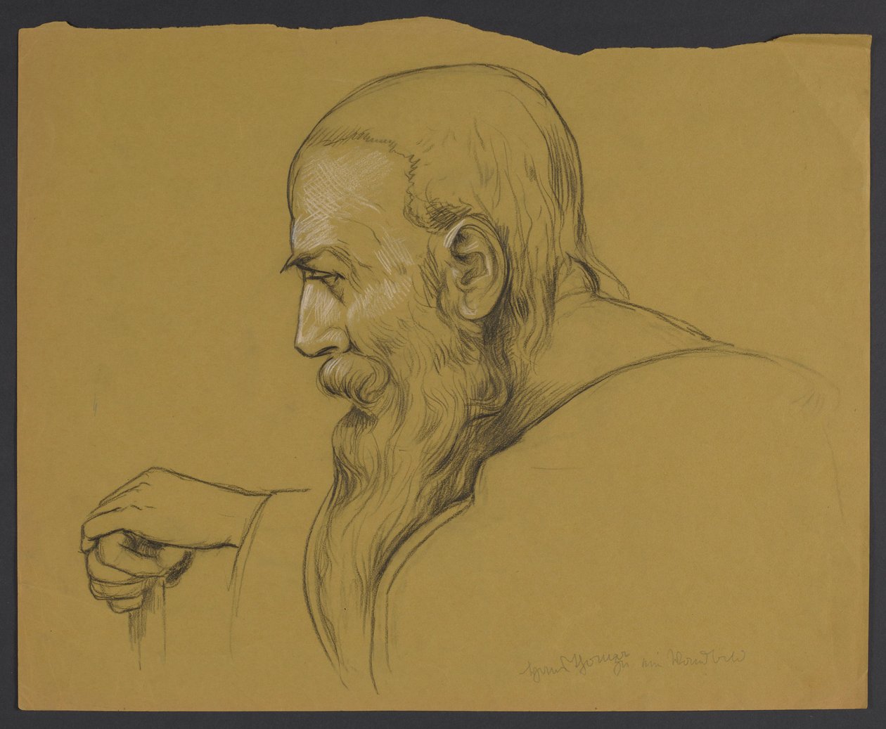 Bust of an Old Man with a Long Beard Leaning on a Cane, Shown in Profile by Hans Thoma