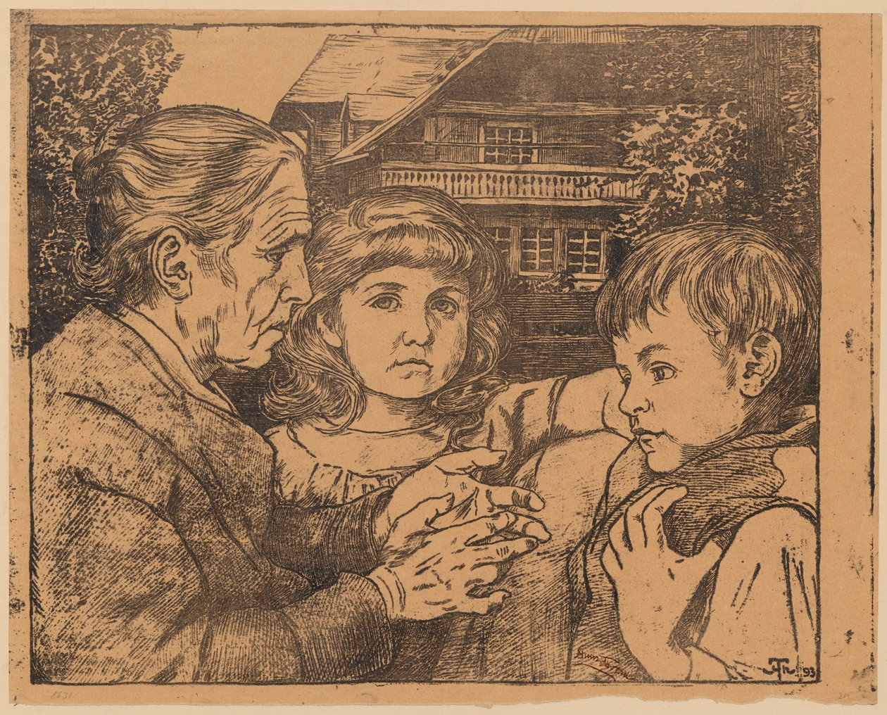 Old Woman Telling Stories to Two Children Against the Background of a Black Forest House by Hans Thoma