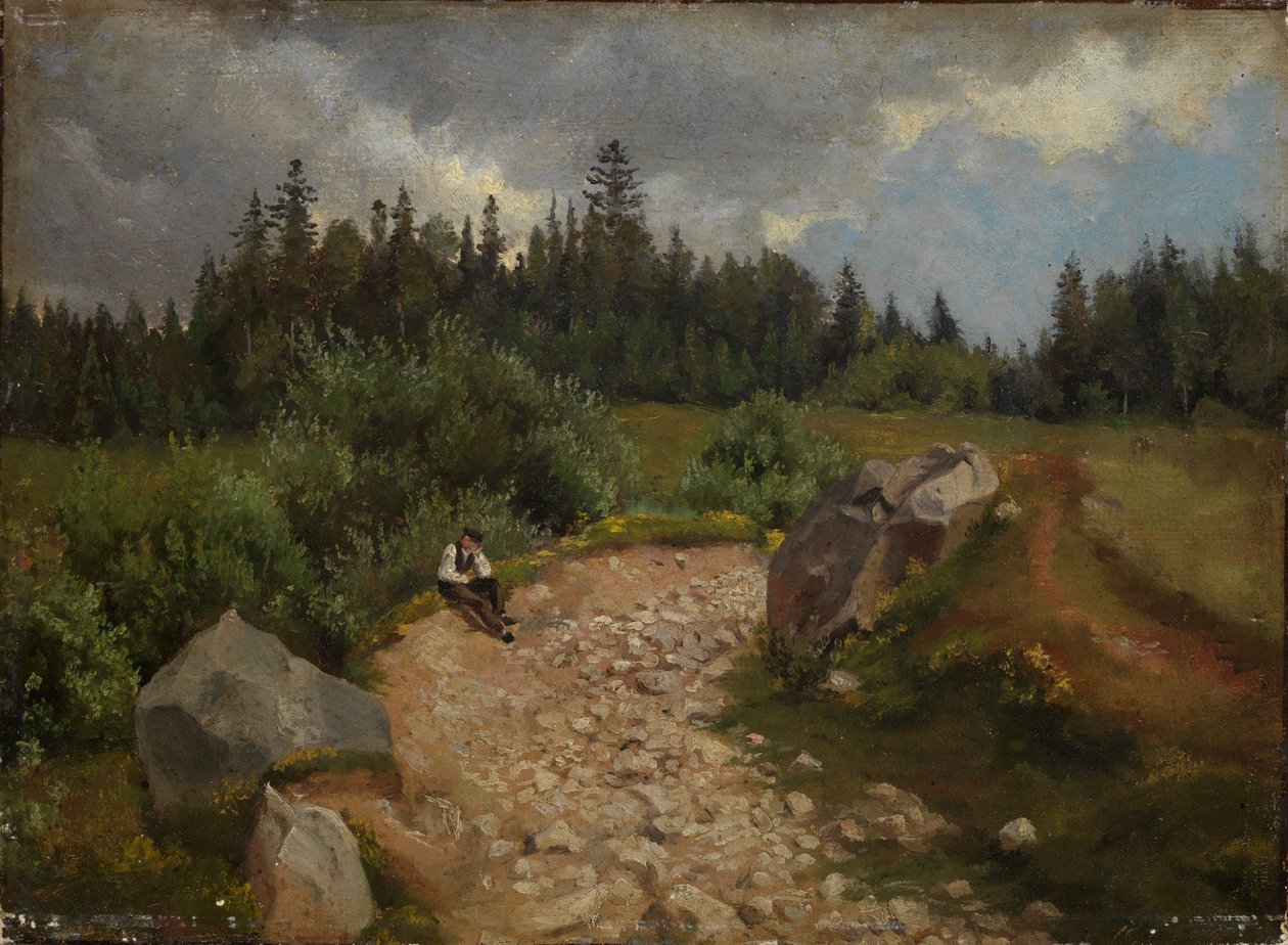 Rocky Path at the Forest Edge with Seated Man by Hans Thoma