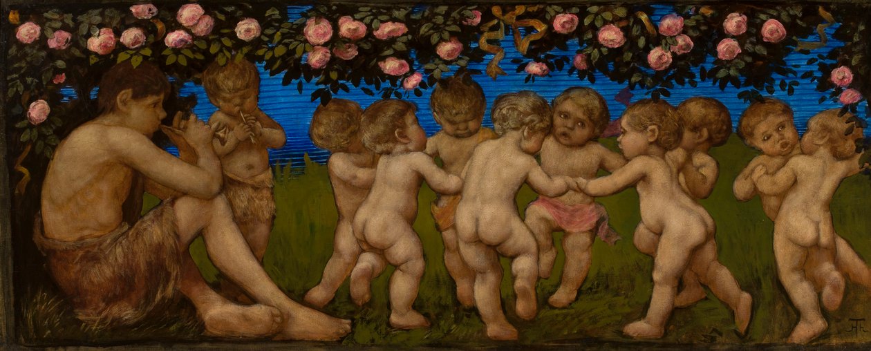 Dancing Putti with Garland of Roses by Hans Thoma
