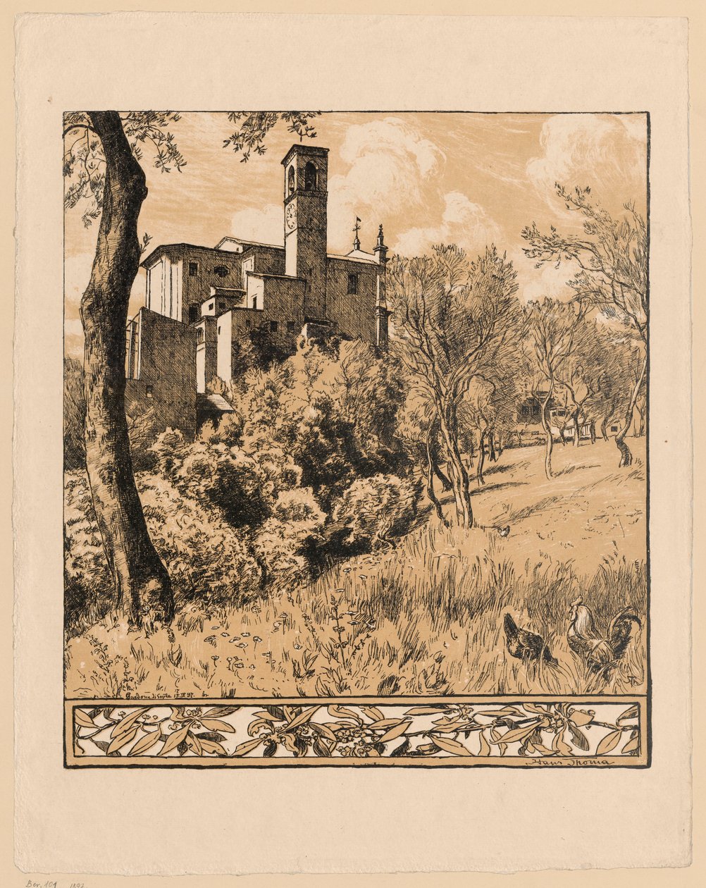 View of St. Nicholas the Wonderworker Church on the Hill in Gardone Riviera by Lake Garda, Lombardy with Olive Branch Motif Border by Hans Thoma