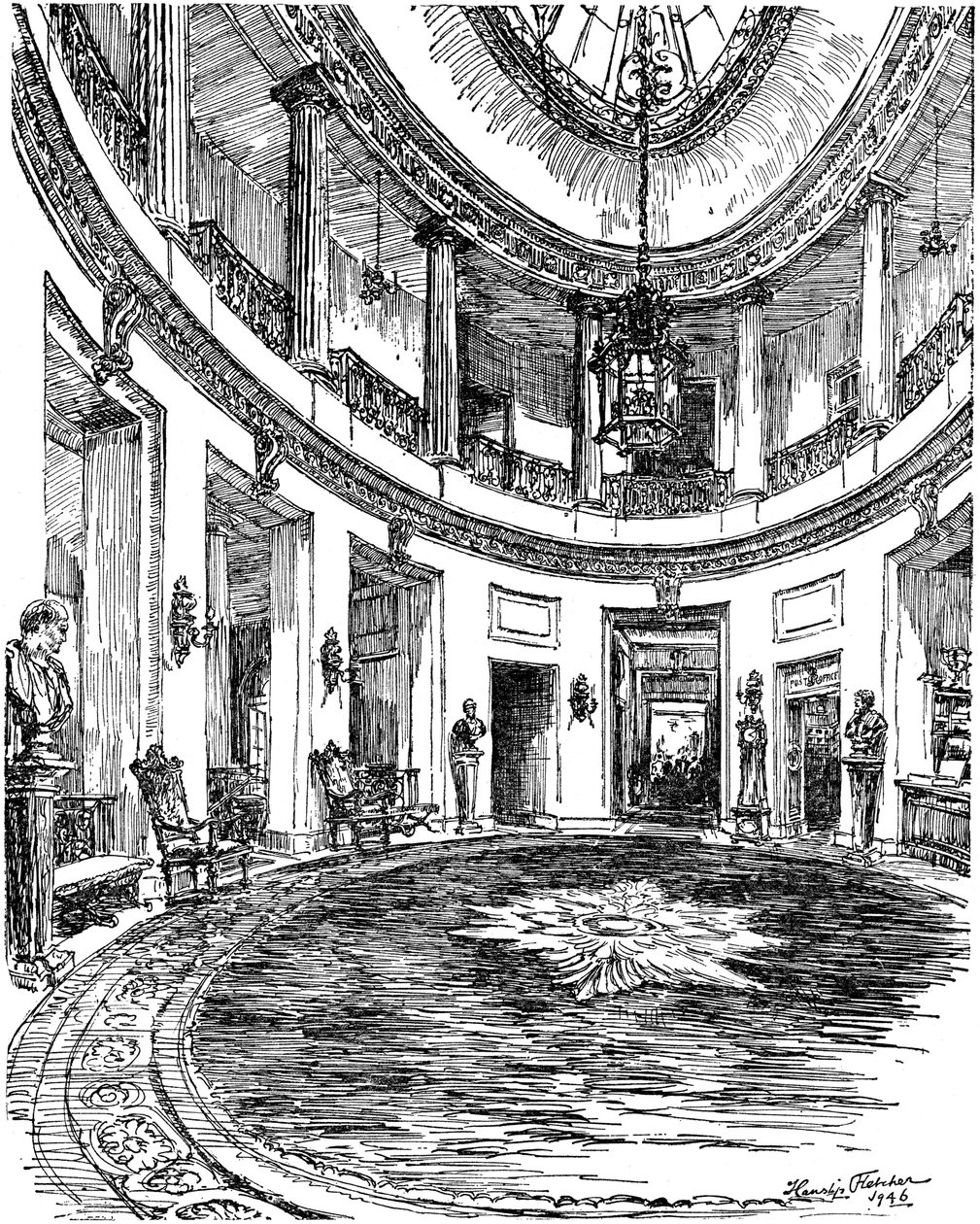 Entrance hall of the RAC clubhouse, Pall Mall, London, 1946 by Hanslip Fletcher