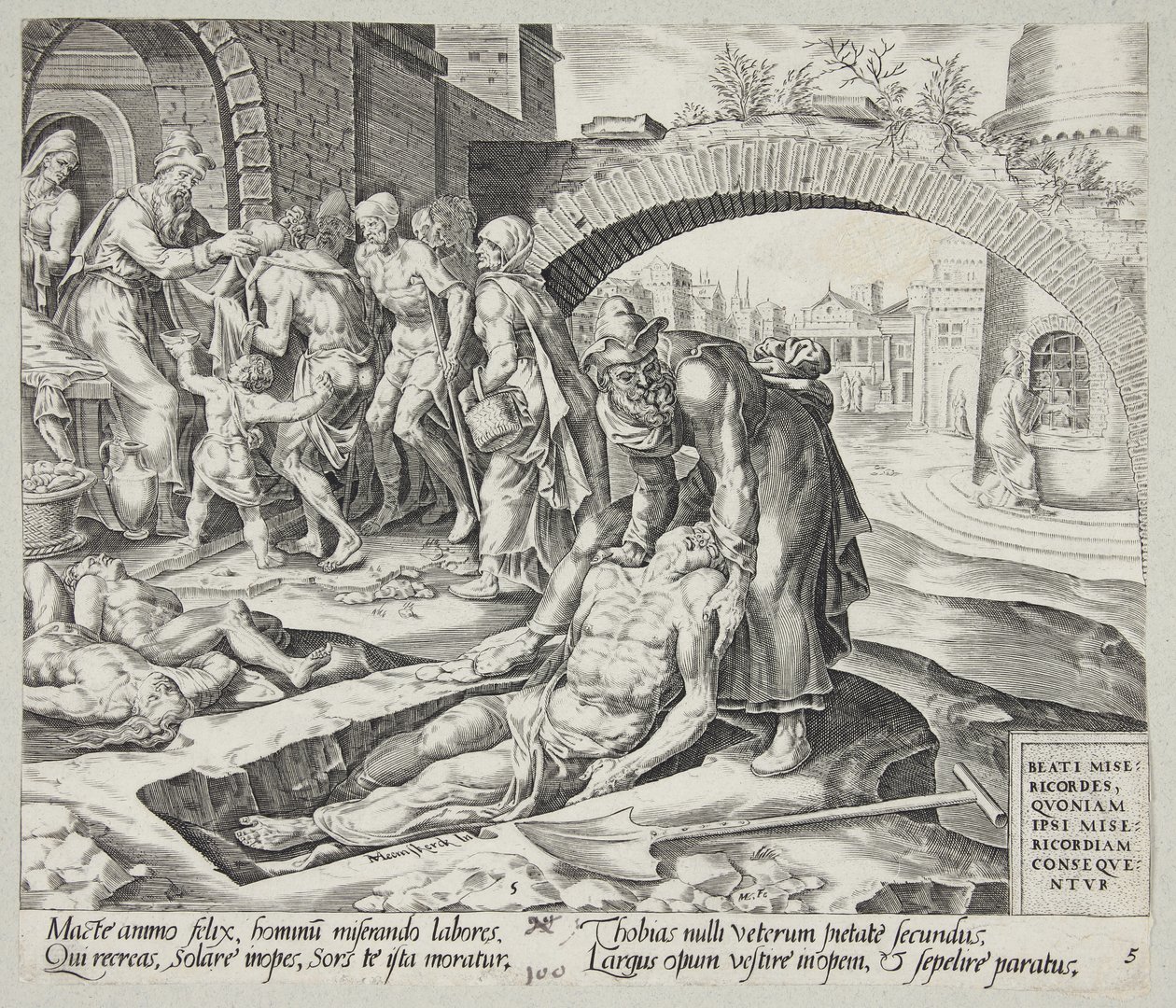Blessed are the Merciful. Tobit Burying the Dead, Clothing the Naked and Feeding the Hungry by Harmen Jansz. Muller