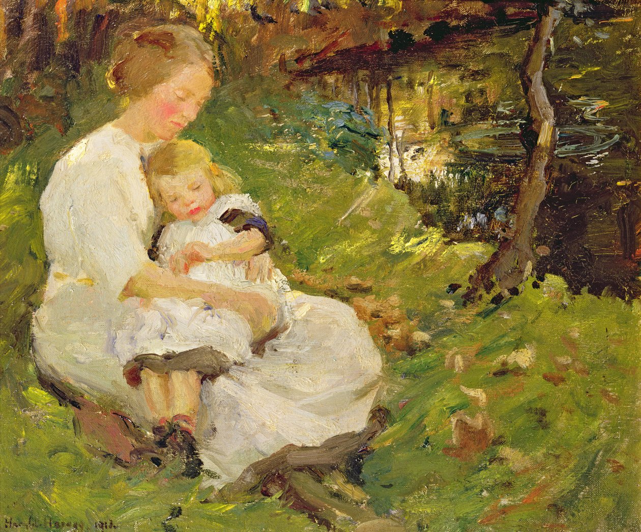 Mother and Child in a Wooded Landscape by Harold Harvey