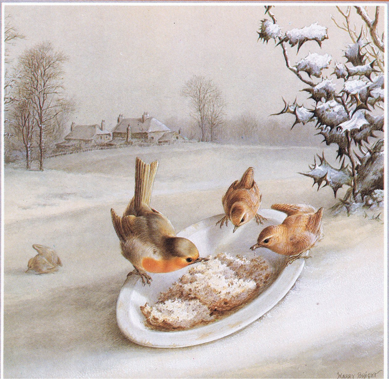 Robins and Wrens: Winter Breakfast, Postcard by Harry Bright