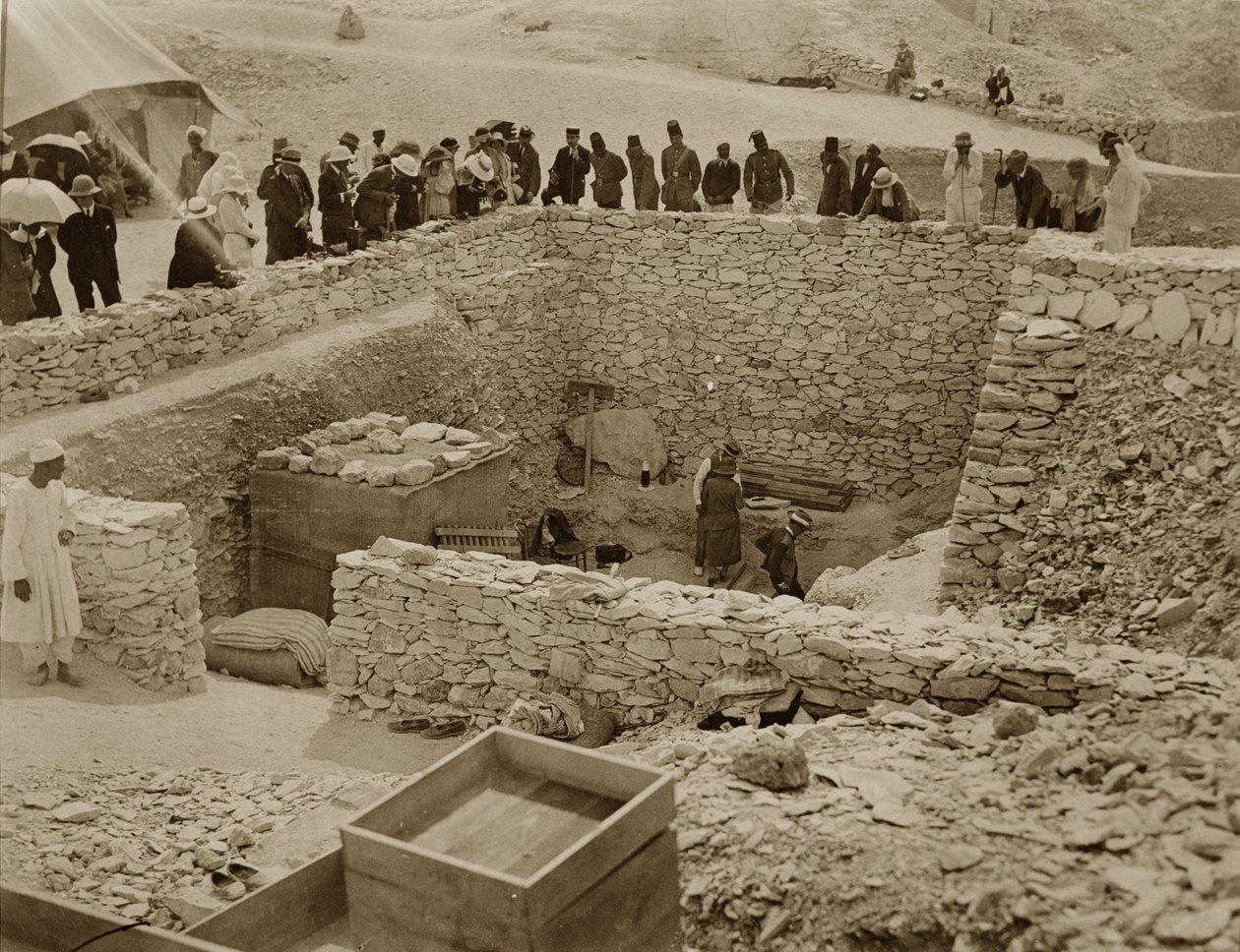 Lord Carnarvon, Lady Evelyn Herbert and Howard Carter at the Tomb of Tutankhamun, Valley of the Kings by Harry Burton