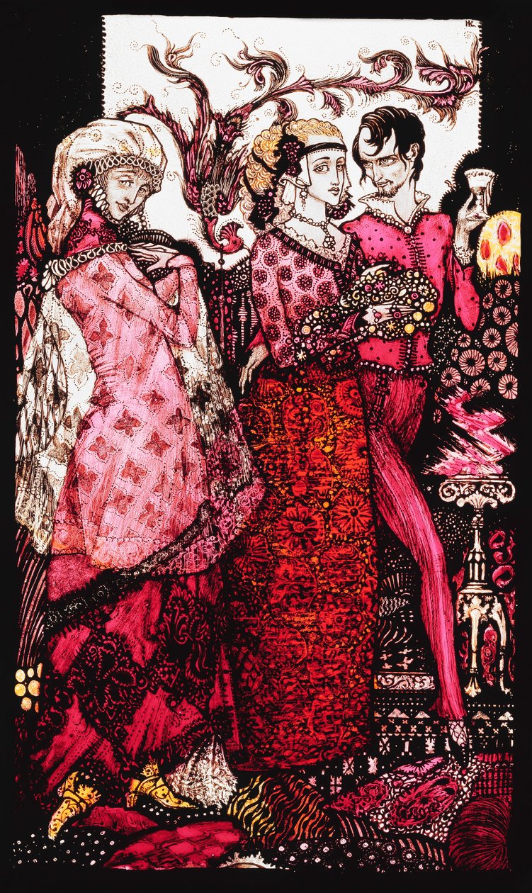 Bert the Bigfoot, Sung by Villon. Queens, nine glass panels acided, stained and painted, Illustrating J.M. Synge