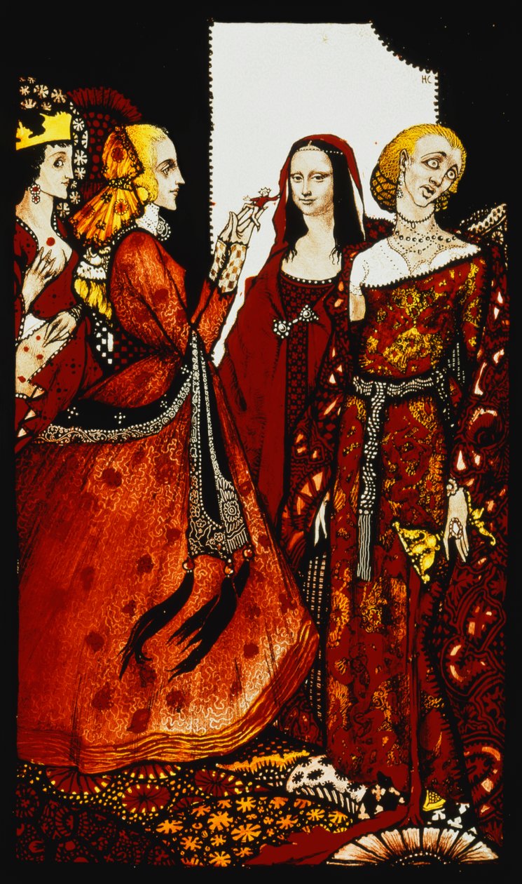 Queens whose finger once did stir men. Queens, nine glass panels acided, stained and painted, Illustrating J.M. Synge