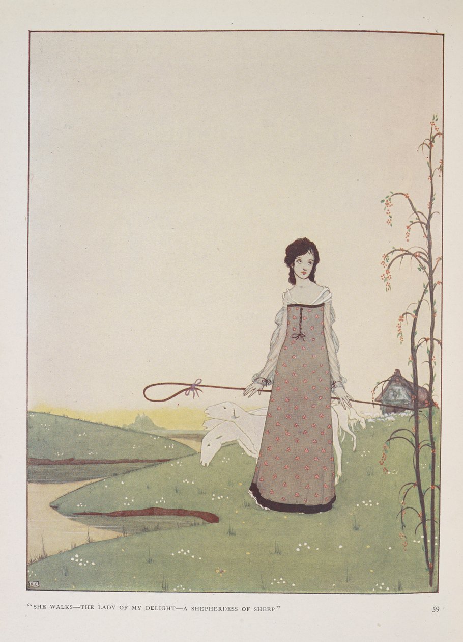 She walks- the lady of my delight- a shepherdess of sheep. Illustration for The shepherdess by Alice Meynell by Harry Clarke