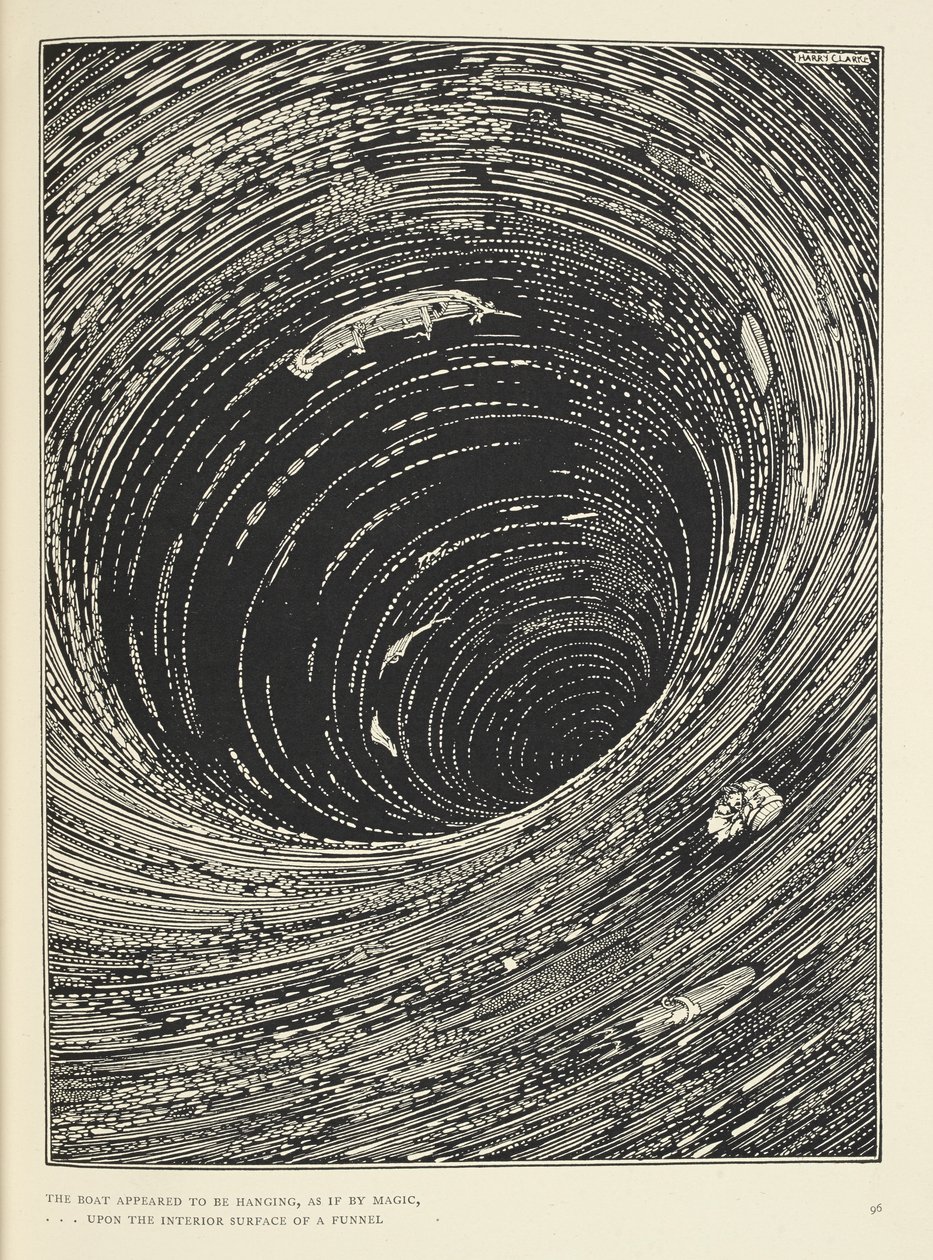 The boat appeared to be hanging, ... upon the interior surface of a funnel vast in circumference. Illustration for the story 