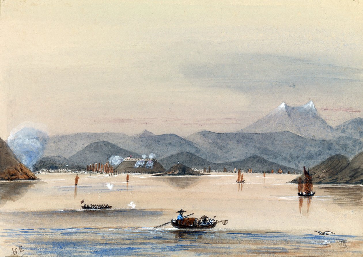 The HMS Tribune finding its way on the Chuenpee River in Canton (China), with rowing boats and Chinese junks by Harry Edmond Edgell