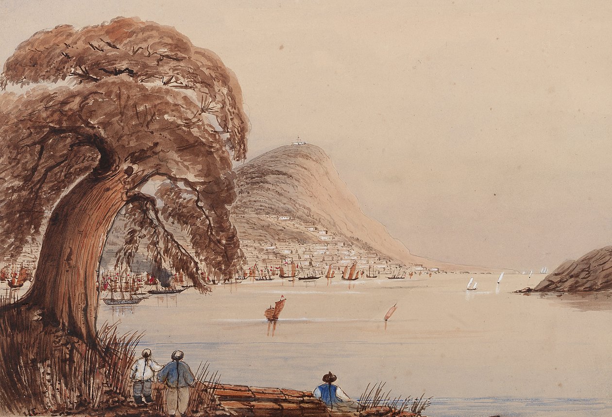 View of a coastal city with tree and figures in the foreground by Harry Edmond Edgell