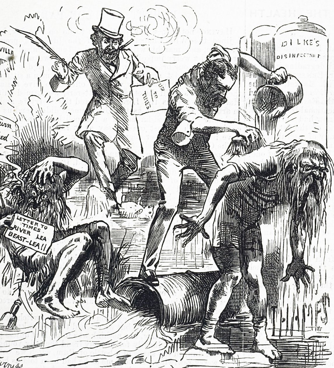 Cartoon Depicting the Thames and the Lea Rivers Being Attacked Because of Their Filthy Condition by Harry Furniss