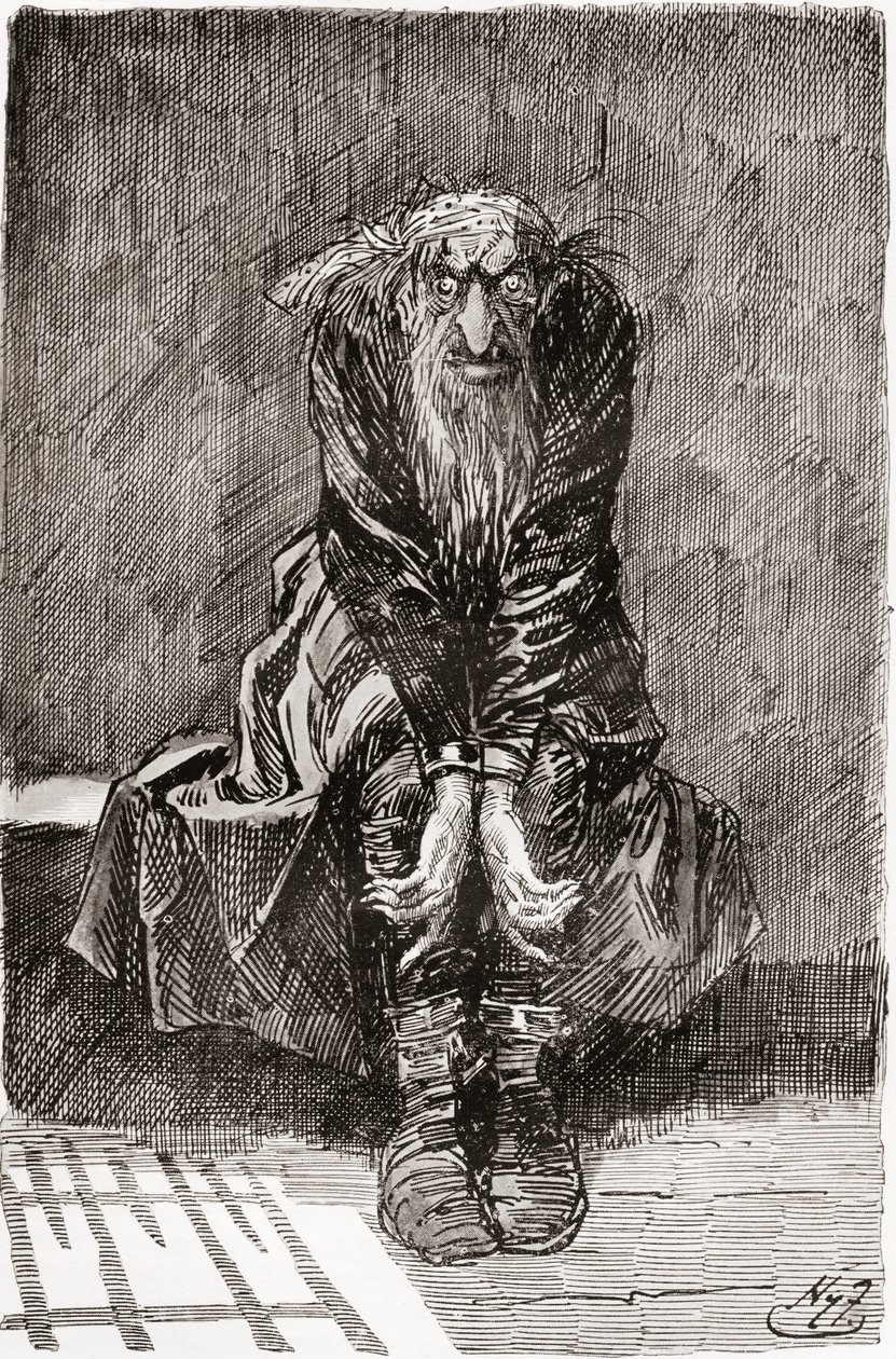 Fagin in the Condemned Cell. " He sat down on a stone bench opposite the door, which served for a seat and bedstead, and casting his bloodshot eyes upon the ground, tried to collect his thoughts. " Illustration by Harry Furniss for the Charles Dickens nove by Harry Furniss
