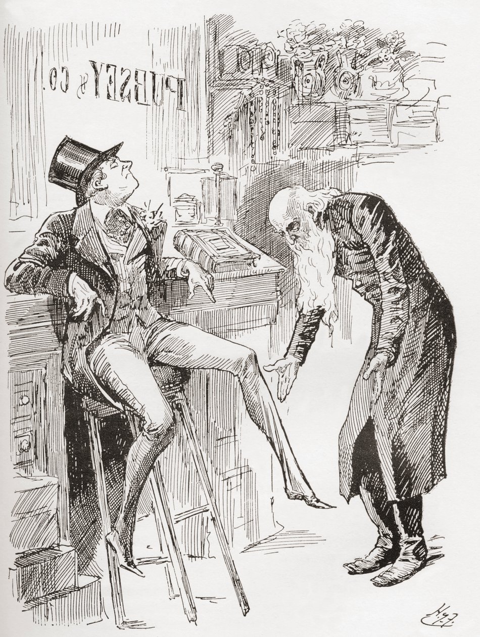 Fledgeby and Mr. Riah in the Counting House. "Perched on the Stool with His Hat Cocked on His Head and One of His Legs Dangling, the Youth of Fledgeby Hardly Contrasted to Advantage with the Age of the Jewish Man, with His Bare Head Bowed, and His Eyes On by Harry Furniss