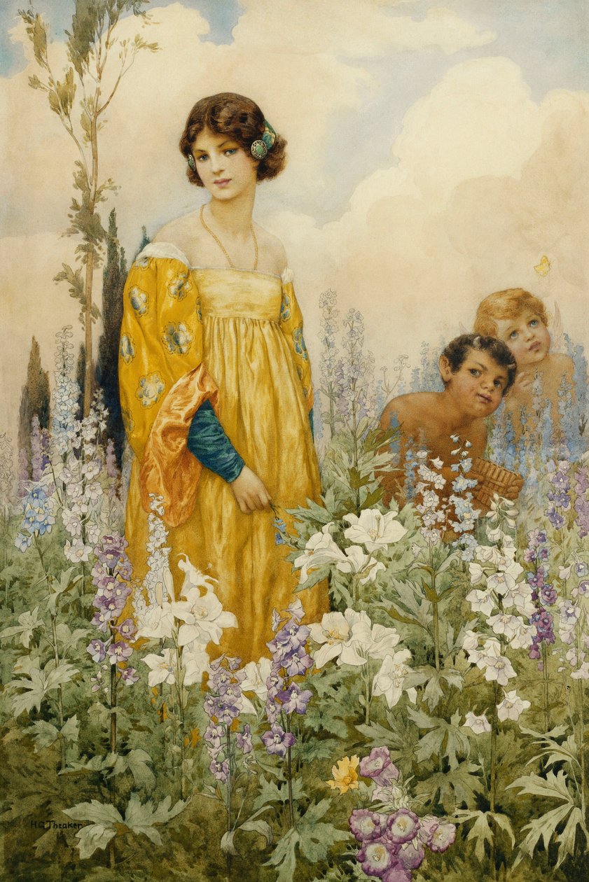 A Young Maiden with Pan and Cupid, in a Wild Garden by Harry George Theaker