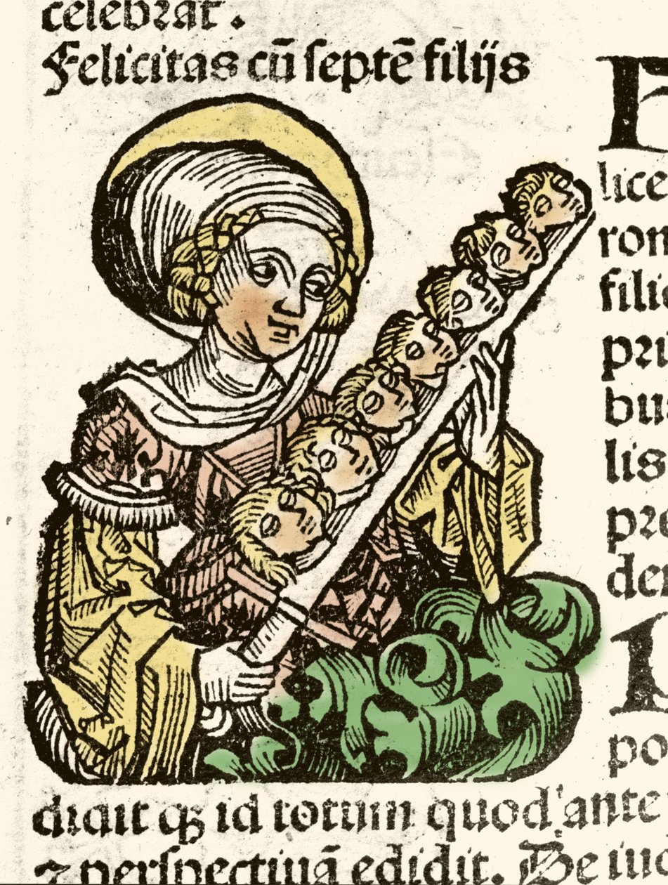 Representation of Saint Felicite, martyrdom in Rome with the heads of his seven children. Xylography of Hartmann Schedel 