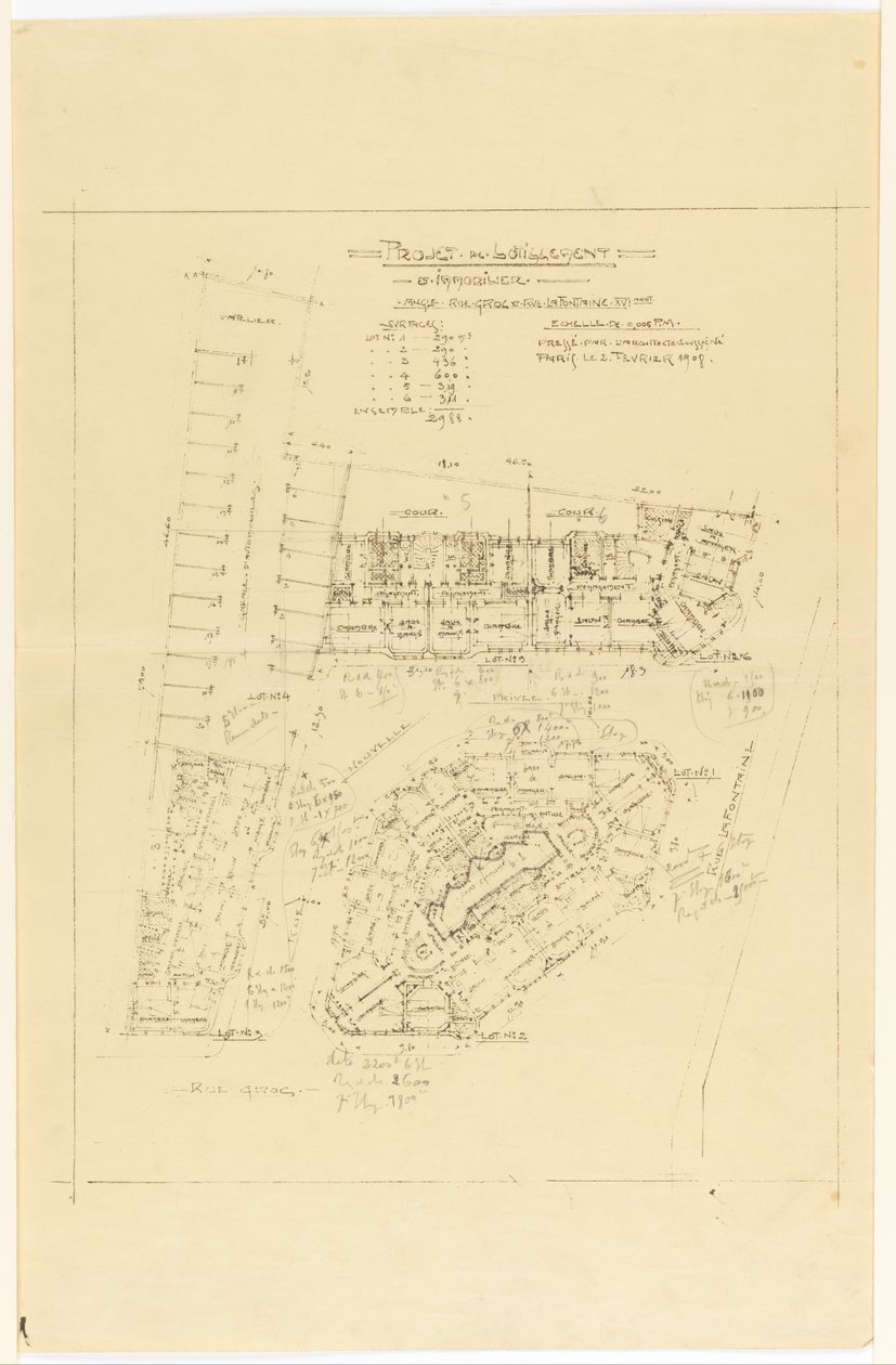Plan, Project de Lotillement, rue Gros and rue de la Fontaine, Paris by Hector Guimard